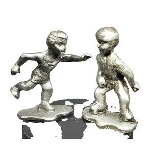 2 Vintage Pewter Mini Figurines Boys Playing Mini Shelf Sitter Home Décor